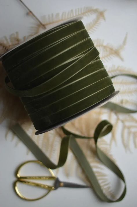 This Loden Green Swiss Velvet Ribbon is perfect for holiday gift giving and dressing up your Christmas wrapping! Green Inspo, Loden Green, Vintage Sled, Cozy Christmas Decor, Gift Wrapping Ideas, Dark Sage, Baby Themes, Green Ribbon, Wrapping Ideas