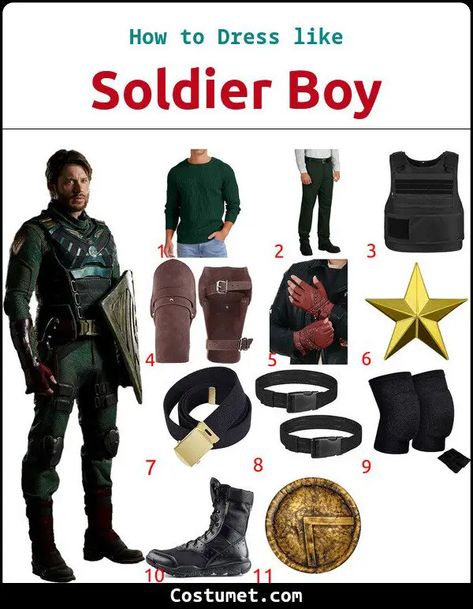 Soldier Boy's Costume from The Boys The Boys Costume, Military Outfit Men, Soldier Boy, I Hate Boys, Boy Printable, Military Looks, Arm Guard, Military Outfit, Halloween Party Costumes