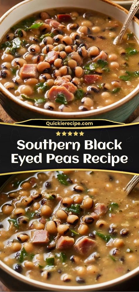 This Southern Black-Eyed Peas Recipe is a comforting dish made with black-eyed peas, bacon, and flavorful seasonings. Perfect for New Year’s Day or any time you want a hearty, satisfying meal. Ingredients: 1 lb dried black-eyed peas, soaked 4 slices bacon, chopped 1 onion, diced 1 tsp garlic powder A traditional dish packed with smoky, savory flavors Black Eyed Peas For New Years Good Luck, Best Blackeyed Pea Recipes, Black Eyed Peas And Collards Recipe, Black Eyed Peas And Ham Crock Pot, Black Eyed Peas With Cabbage, Black Eyed Peas Recipe With Ham Hocks, Southern Field Peas Recipe, Ham And Black Eyed Peas Soup Recipes, Black Eye Peas With Smoked Sausage