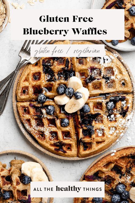 These fluffy and delicious blueberry waffles are packed with juicy ripe blueberries, sweet banana, and sweetened with pure maple syrup. This easy recipe is not only gluten free it's also dairy free and nut free thanks to the use of Planet Oat's unsweetened original Oatmilk. These waffles make lovely breakfast or brunch that everyone will enjoy! Blueberry Waffles Recipe, Healthy Key Lime Pie, All The Healthy Things, Gluten Free Brunch Recipes, Blueberry Waffles, Sweet Potato Muffins, Strawberry Oatmeal, Gluten Free Waffles, Chocolate Banana Bread