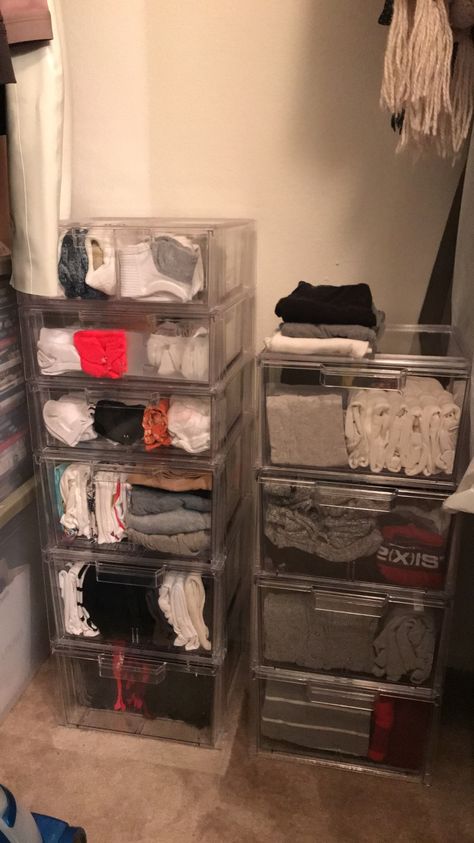 Clothing Bins, Sweatshirt Organization Closet, Clear Storage Bins Organization Closet, Bins In Closet For Clothes, Closet Bins Organization, Clear Bin Organization Closet, Store Sweatshirts, Aesthetic Storage Bins, Sock Storage Ideas