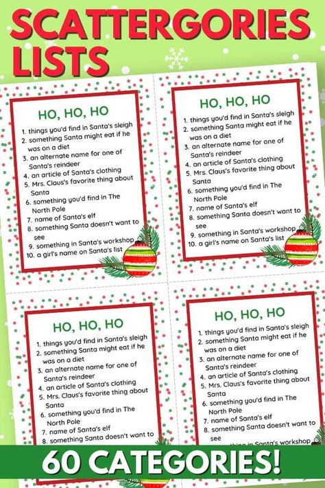 Looking for challenging printable Christmas games for adults? This Christmas Scattergories game requires some fast-paced thinking, and it's sure to be a hit at your holiday party! Just print the Christmas Scattergories category lists PDF, the blank answer sheets, and the letter cards... Super easy to play, but still a challenge - Perfect for Christmas games for adults and teens! Scattegories Christmas Free Printable, Christmas Categories Game, Christmas Party Games For Senior Adults, Christmas Scattergories Lists, Holiday Group Games For Adults, Think Fast Christmas Game, Christmas Party Games For Adults Free, Christmas Table Games For Adults, Christmas Think Fast Game