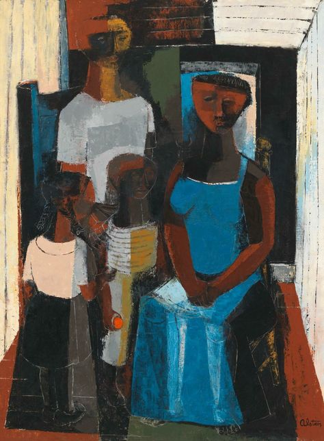 Charles Henry Alston, The Family, 1955. Oil on canvas, overall: 48 3/16 × 35 13/16in. (122.4 × 91 cm). Purchase, with funds from the Artists and Students Assistance Fund; 55.47 Charles Alston, Charles Henry, Indus Valley Civilization, Indus Valley, Scratch Art, Painting Media, Whitney Museum, Historical Art, Afro Art