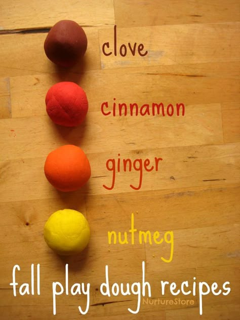 Fantastic fall play dough recipes - great ways to add color and scent. Fall Play Dough, Fall Playdough, Play Dough Recipes, Scented Play Dough, Dough Recipes, Playdough Recipe, Fall Preschool, Homemade Playdough, Autumn Crafts