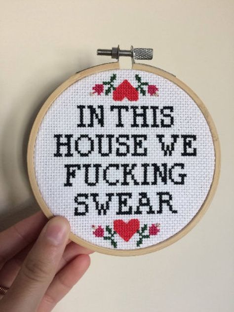 Snitches Get Stitches, Cross Stitch Hoop, Cross Stitch Quotes, Wooden Embroidery, Subversive Cross Stitch, Wooden Embroidery Hoops, In This House We, Cross Stitch Funny, In This House