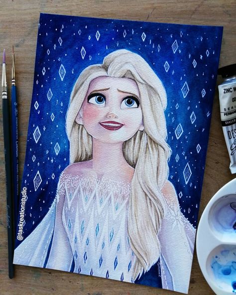 Tas KreationStudio on Instagram: “*SOLD* Original Elsa Watercolour 😄 I love this scene so much there's just so much magic and emotion! 😍 And obviously her gorgeous dress! A5…” Elsa Show Yourself, Colour Sketches, Elsa Drawing, Frozen Painting, Anna Kristoff, Disney Drawing, Disney Canvas Art, Disney Cute, Frozen Art