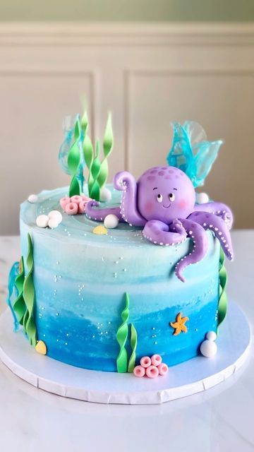 Aquatic Theme Cake, Ocean Theme Cake Kids, Underwater Cakes, Octopus Birthday Cake, Birthday Cake Sea Animals, Octopus Cake Topper, Dzimšanas Diena, Birthday Cake Octopus, Octopus Cake