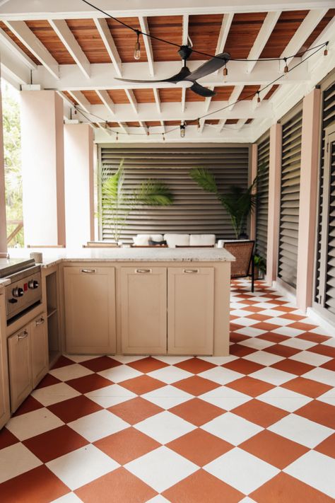 Painted Checkerboard Concrete Patio Floor Painted Concrete Floors Checkerboard, Paint Checkered Floor, Painted Checkered Concrete Floor, Checkered Patio Floor, Outdoor Painted Concrete, Painted Floors Concrete, Tile Over Concrete Patio, Painted Checkered Floor, Painted Patio Concrete