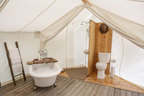 Luxury Camping | Luxury Tent Options | Glacier Under Canvas Cozy Camping Tent, Glamping Bathroom, Camping Luxury, Tents Camping Glamping, How To Camp, Under Canvas, Cozy Camping, Porcelain Sinks, Bell Tents