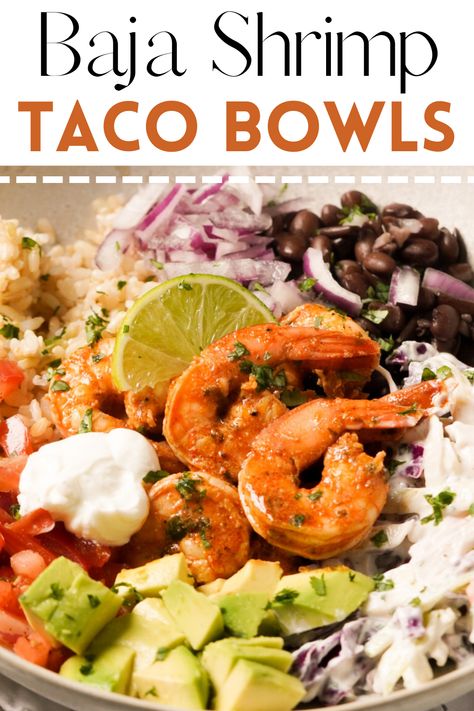 Shrimp Tacos Bowls, Shrimp Power Bowl, Easy Shrimp Recipes Quick Healthy, Shrimp Power Bowl Recipe, Surf And Turf Rice Bowl, Shrimp Taco Rice Bowl, Healthy Shrimp Meals, Blackened Shrimp Bowl, Shrimp Grain Bowl