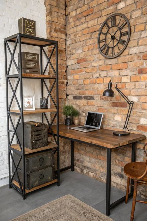 Small Home Office Idea Simple Home Office Design, Rustic Farmhouse Office, Simple Home Office Ideas, Ways To Elevate Your Home, Simple Home Office, Home Office Design Ideas, Office Design Ideas, Rustic Office, Tv Wall Decor