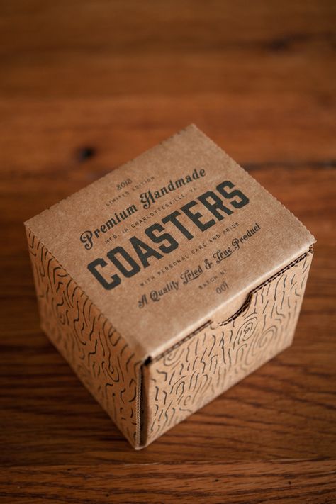 Premium Handmade Coasters Kraft Packaging, Craft Packaging, Cool Packaging, Handmade Coasters, Box Packaging Design, Graphic Design Packaging, Cardboard Packaging, Brown Box, Packaging Labels Design