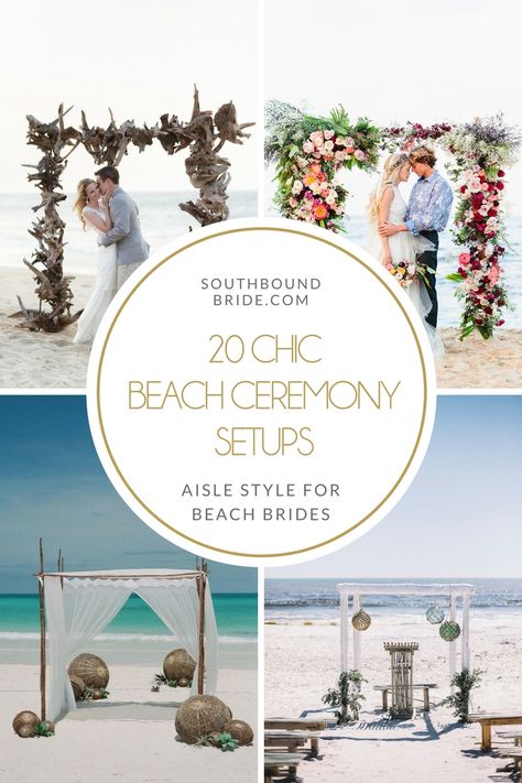 I don’t know about you, but when I picture a beach wedding, the first thing that comes to mind is the ceremony. Having your feet in the sand and the ocean behind you is just the most romantic… Morning Beach Wedding Ideas, Wedding Ceremony On The Beach, Ceremony In The Round, Beach Wedding Alter Ideas, Beach Wedding Setup Outdoor Ceremony, Diy Beach Wedding Decorations, Beach Wedding Set Up, Small Beach Wedding Ceremony, Simple Beach Wedding Ceremony