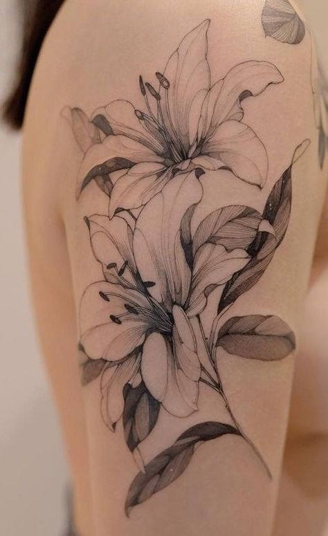 Lilly Flower Tattoo, Jasmine Tattoo, Lillies Tattoo, Lily Tattoo Design, Lily Flower Tattoos, Flower Tattoo Shoulder, Tattoo Women, Lily Tattoo, Lace Tattoo