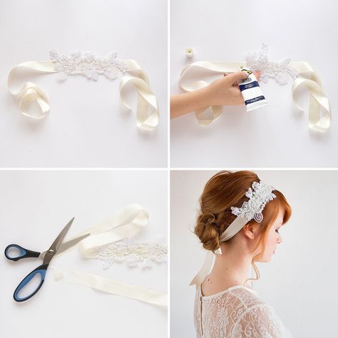 Use a lace appliqué and ivory ribbon to DIY this headband. Diy Wedding Headband, Crochet Lace Headband, Headpiece Diy, Lace Headband, Diy Bridal, Pola Sulam, Lace Headbands, Braided Headband, Lace Hair