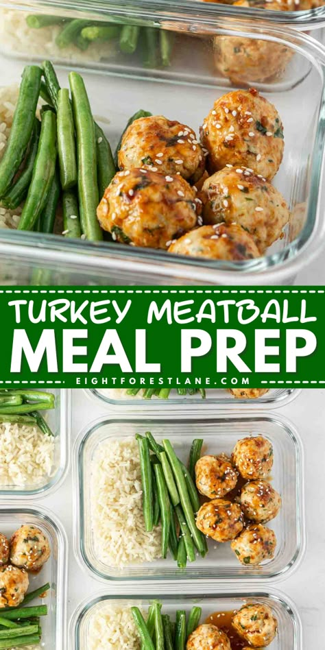 This sweet and spicy turkey meatball meal prep is a great Sunday recipe to set yourself up with healthy meals throughout the week. Easy oven baked meatballs come together in a rich, sweet and spicy glaze and are served with some green beans and bone broth rice to make a wholesome and nourishing lunch or dinner. It’s simple, delicious and reheats really well! Turkey Meatball Meals Healthy, Turkey Patty Meal Prep, Turkey Meatball Lunch Prep, Meal Prep For On The Go, Sweet And Spicy Turkey Meatballs, Meal Prep For One Person Healthy Budget, Blue Collar Meal Prep, Healthy Meatball Meal Prep, Easy Lunch Prep For The Week