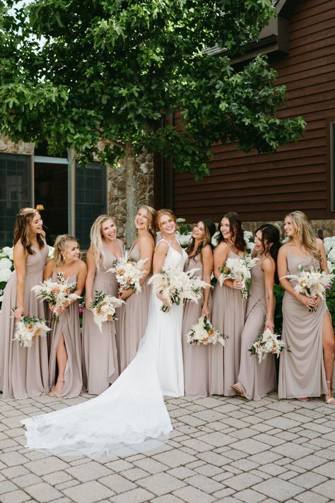 Wedding Motif Ideas 2023, Tan Bridal Party, Taupe Wedding Theme, Taupe Wedding Colors, Neutral Wedding Party, Neutral Bridesmaids Dresses, Neutral Bridesmaids, Lexington Virginia, Bridal Parties Colors