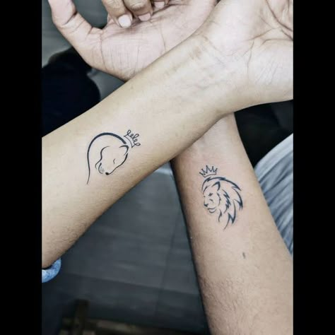 Lion King Couple Tattoos, Lions Couple Tattoo, Lion With Crown Tattoo Design For Women, Husband And Wife Lion Tattoos, Lion With Crown Tattoo Design, Lion Couple Tattoo, Bravery Tattoo, Cute Lion Tattoo, Couples Lion Tattoo