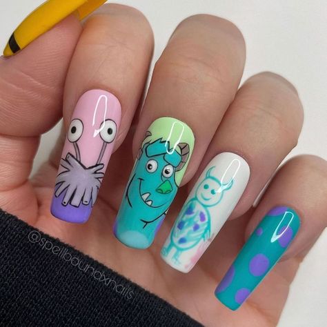 Monster Inc Nails, Bright Acrylic Nails, Disney Themed Nails, Disney Inspired Nails, Disney Acrylic Nails, Nails Hand Painted, Monster Inc, Manicure Nail Designs, Nail Art Disney