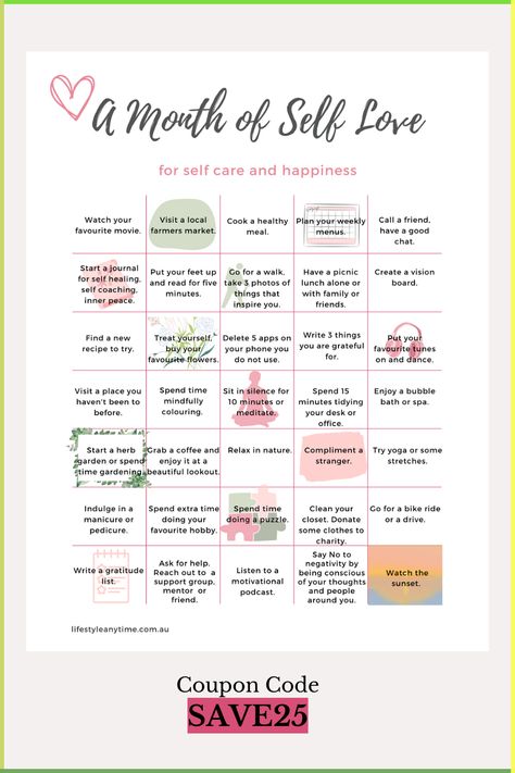 Happiness and fulfilment start with loving yourself. Invest in yourself with a self-love challenge. A self-care challenge can help you discover the self-love practices that you enjoy. The month self-love challenge is available as a printable and tick box PDF. Use the code when you get your 30-day challenge to take advantage of the discount. Self Love List Things To Do, Self Love Planner Ideas, Self Love To Do List, May Self Care Challenge, Self Love Challenge 30 Day, Self Love Things To Do, How To Start Loving Yourself, Month Self Care Challenge, Self Care Month