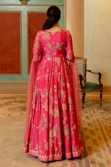 Buy Pink Anarkali Chiniya Silk Printed Blooming Floral V With Dupatta For Women by Paulmi and Harsh Online at Aza Fashions. Hand Embroidered Dupatta, Paulmi And Harsh, Pink Anarkali, Resham Embroidery, Printed Anarkali, Anarkali Dress Pattern, Embroidered Dupatta, Designer Party Wear Dresses, Anarkali Dress