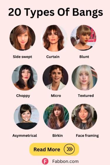 Effortless Vacation Hairstyles: Relax and Look Great How To Straight Bangs, Different Bangs Styles Chart, Very Short Bangs Long Hair, Bang Types Chart, Bangs Names, Different Types Of Haircuts, Different Type Of Bangs, Different Kinds Of Bangs, Bangs Types