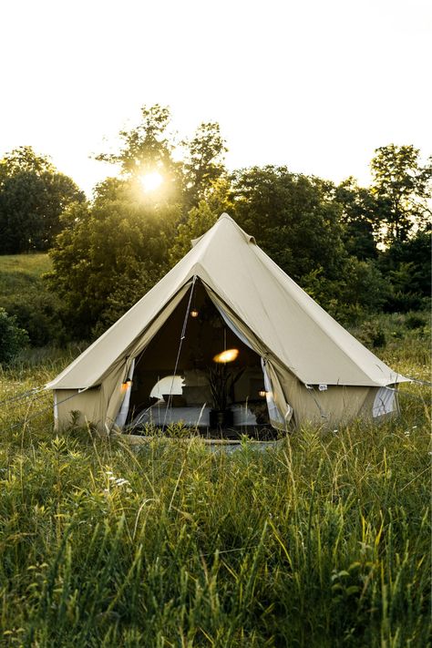 Classicly convenient, traditionally timeless. ⛺️ #TENT #BELLTENT #CAMPING #GLAMPING Bell Tent Camping, Boutique Camping, Canvas Bell Tent, Bell Tents, Inner Tents, Camping Quotes, Luxury Glamping, Inflatable Bed, Tent Sale