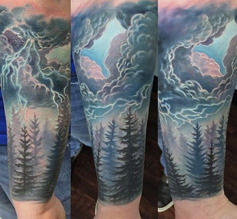 Guys Lightning Tattoo Inspiration For Forearm Cloud Tattoo Ideas, Cloud Tattoo Sleeve, Cloud Tattoo Design, Tattoo Ideas For Guys, Dark Skin Tattoo, Storm Tattoo, Lightning Tattoo, Tattoo Background, Retro Tattoos