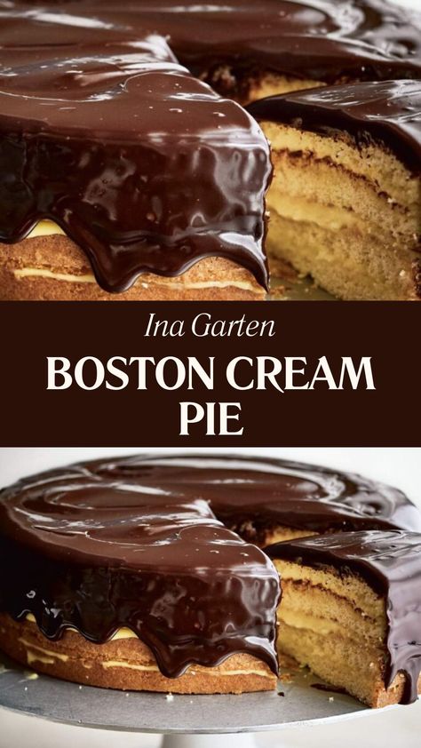 Ina Garten Boston Cream Pie Boston Cream Pie Desserts, Desserts With Heavy Cream, Boston Cream Pie Cake, Boston Creme Pie, Boston Cream Pie Recipe, Boston Cream Cake, Desserts Around The World, Boston Food, Buttery Pie Crust