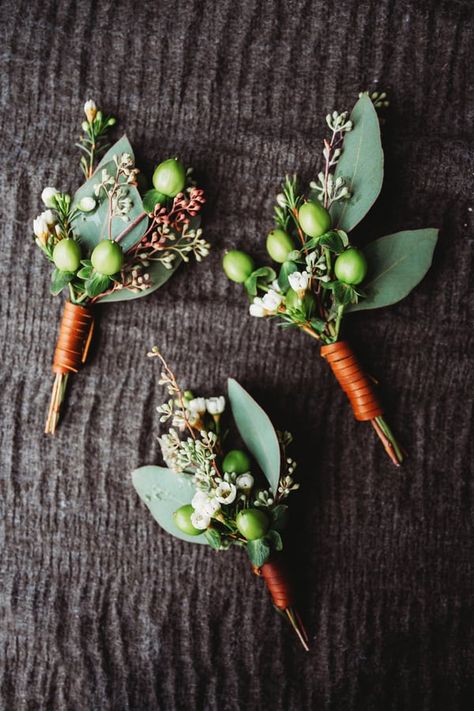 Groomsmen boutonnieres with leather strap at base Leather Boutonniere, Groomsmen Boutineers, Groom Boutineer, Nouveau Wedding, Appleton Wisconsin, Art Nouveau Weddings, Groomsmen Boutonniere, Moody Art, 1920s Wedding