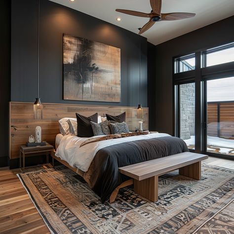 Mens Home Design, Black White And Walnut Bedroom, Wood Wall Master Bed, Rustic Luxe Decor Master Bedrooms, Grey And Caramel Bedroom, Rustic Male Bedroom, Grey Black And Wood Bedroom, Bedroom Backsplash Wall Ideas, Modern Cabin Bedroom Master Suite