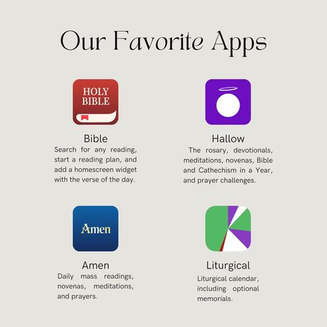 Some of our favorite Catholic apps! Spotify also has some great Rosary playlists. Liturgical might be our favorite, because you can add a home screen widget with memorials/etc. 🤍 Home Screen Widget, Christian Apps, Oldest Bible, Catholic Bible, Spiritual Transformation, Favorite Apps, Reading Plan, June 15, Home Screen