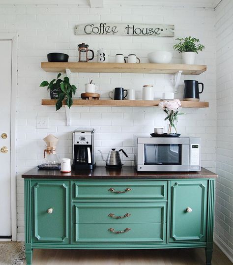 My coffee bar got a fresh coat of green paint over this past weekend and I’m loving the result. Typically I like neutral colors but… Green Buffet Dining Room, Microwave Station, Dining Room Coffee Bar, Apartment Needs, Green Kitchen Cabinets, Shelving Ideas, Kitchen Buffet, Coffee Nook, Dining Room Buffet