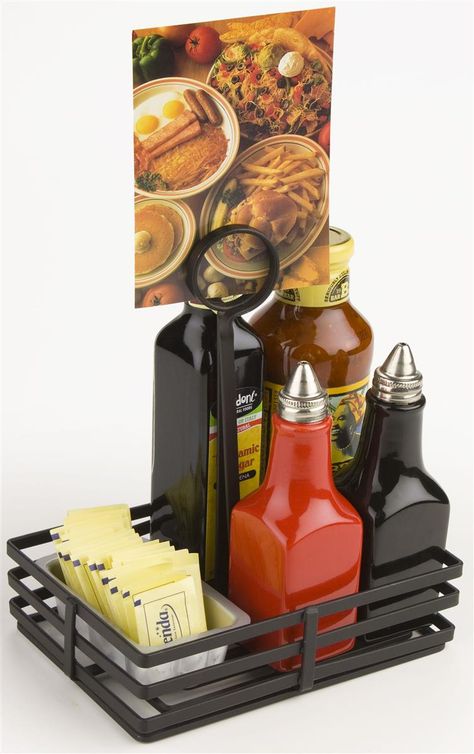 Square Wire Condiment Caddy w/ Sign Clip - Black Table Caddy, Lukes Diner, Condiment Caddy, Food Accessories, Drink Specials, Condiment Holder, Grated Cheese, Restaurant Branding, Italian Restaurant