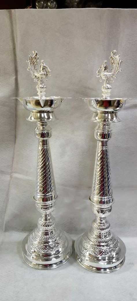 Silver Deepam Design, Silver Deepam, Silver Things, Pooja Decor, Designer Anarkali Dresses, Temple Decor, Silver Lamp, Pooja Room Door, Pooja Items