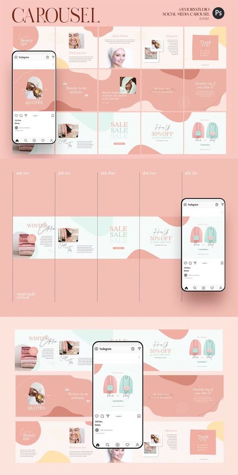 Beauty Instagram Carousel Templates PSD Beauty Instagram Template, Ig Carousel Design, Instagram Carousel Ideas, Carousel Design Ideas, Carousels Instagram, Instagram Carousel Design, Carrousel Instagram, Carousel Ideas, Instagram Infographic