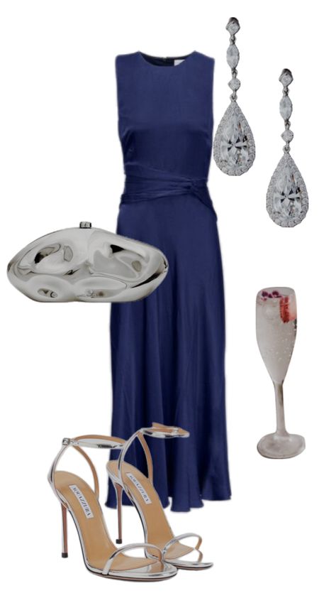 Navy blue midi dress with silver shoes and accessories💙🩶 Summer Color Pallet, Pallet Wedding, Navy Blue Midi Dress, True Summer, Summer Color, Silver Shoes, Blue Midi Dress, Guest Outfit, Color Pallets