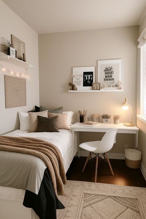 Redecorate Small Bedroom, Bedroom Inspirations With Desk, Brown And White Room Aesthetic, Small Bedroom Layout Ideas 10x10, Single Bedroom Ideas, Student Bedroom, Small Room Makeover, Dorm Room Styles, Bedroom Ideas For Small Rooms Cozy