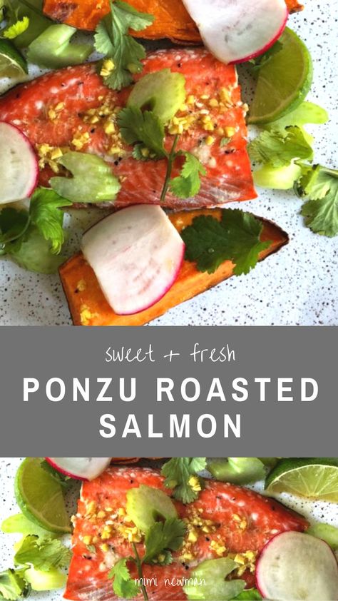 Roasted salmon with ponzu, pear and sweet potato | Mimi Newman Ponzu Salmon, Horchata Latte, Healthy Salmon Dinner, Capsule Kitchen, Ponzu Sauce, Oven Roasted Salmon, Best Fish Recipes, Salmon Soy Sauce, Delicious Seafood Recipes