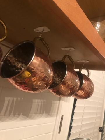 DIY Under Cabinet Mug Hooks Under Cabinet Cup Hooks, Hanging Cups Under Cabinet, Coffee Cups Hanging Under Cabinet, Under Cabinet Mug Hooks, Coffee Cup Hooks Under Cabinet, Hanging Coffee Mugs Under Shelf, Hooks On Side Of Kitchen Cabinet, Mugs Hanging Under Cabinets, Under Cabinet Mug Storage