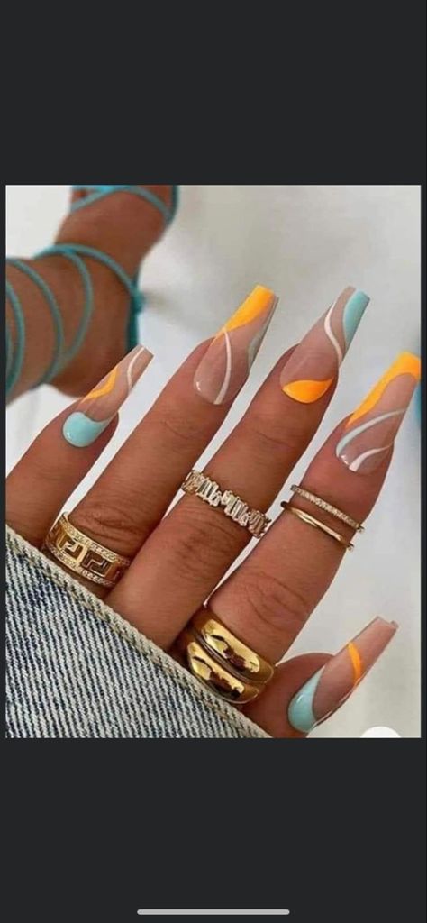 Caribbean Blue Nails, Turquoise Nail Ideas, Turquise Nails, Orange And Teal Nails, Teal And Orange Nails, Miami Dolphins Nails, Miami Nails Ideas, Dolphin Nails, Teal Nail Designs