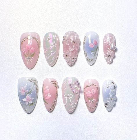 Cute nails with flowers Belle Nails, Glitter French Nails, Kids Nail Designs, Match Design, Ig Highlights, Art Deco Nails, Hippie Nails, Lavender Nails, Classy Acrylic Nails