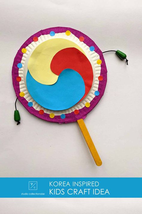 To celebrate Chuseok - the Korean autumn harvest festival, the kids in my Arts and Crafts workshop made this South Korea inspired Paper Plate Drums! Korea Preschool Activities, Korean Arts And Crafts, Korean Crafts Diy, Korean Crafts For Kids, Korean Activities, Cinderella Crafts, Traditional Korean Food, Multicultural Crafts, Basketball Crafts