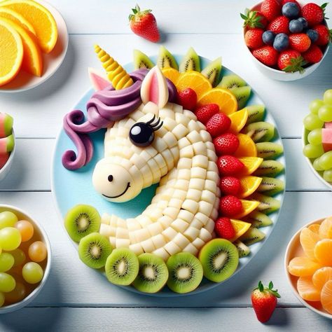 Fruit Platter Animals, Kids Party Fruit Platter, Unicorn Fruit Platter, Kids Fruit Platter Ideas, Kids Fruit Platter, Birthday Fruit Platter Ideas, Fruit Mermaid, Unicorn Snacks, Kitchen Christmas Decor Ideas