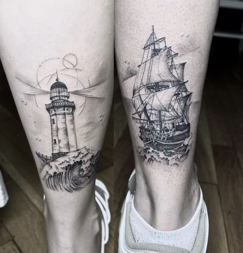 Ship Lighthouse Tattoo, Ocean Ship Tattoo, Lighthouse Ship Tattoo, Boat And Lighthouse Tattoo Matching, Sailboat And Lighthouse Tattoo, Lighthouse And Ship Tattoo, Lighthouse Couple Tattoo, Burning Ship Tattoo, Couple Tattoos Lighthouse And Ship