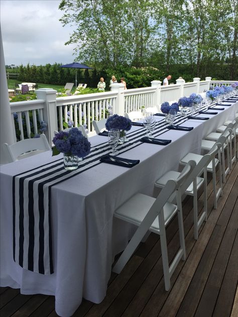 Navy White Table Setting, Navy And White Wedding Table Decor, Navy And White Party Decor, Navy Blue Black And White Party Decor, Navy And White Graduation Party Ideas, Nautical Table Setting Ideas, Navy Blue Party Theme, Navy Commissioning Party, Elegant Nautical Party Decor