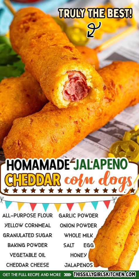 Dog Haus Hot Dogs, Best Corn Dog Recipe, Chili Cheese Corn Dogs On A Stick, Easy Corn Dogs, Weiner Recipes Dishes, Homemade Corndog Recipe, Sides For Corn Dogs, Dinner Recipes With Jalapenos, Easy Hot Dog Recipes