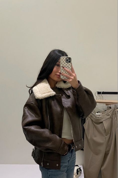 Leather And Sherpa Jacket Outfit, Fleece Lined Leather Jacket, Sherpa Lined Leather Jacket Outfit, Faux Leather Sherpa Jacket Outfit, Leather Sherpa Jacket, Fall Leather Aviator Biker Jacket, Brown Leather Sherpa Jacket, Brown Leather Aviator Outerwear, Sherpa Jacket Outfit