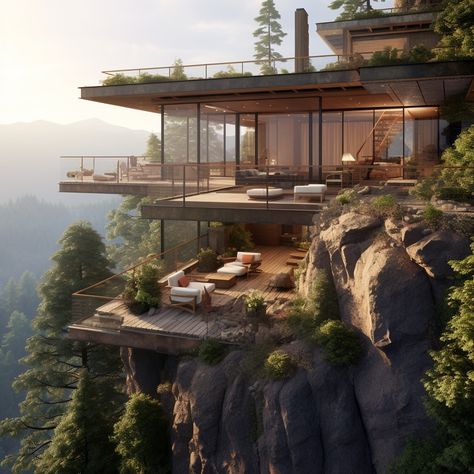 Cliffside House, Modern Timber Frame, Minecraft Modern, House Outer Design, Expect Nothing, Tropical Architecture, Cliff House, Modern Mountain Home, Modern House Facades