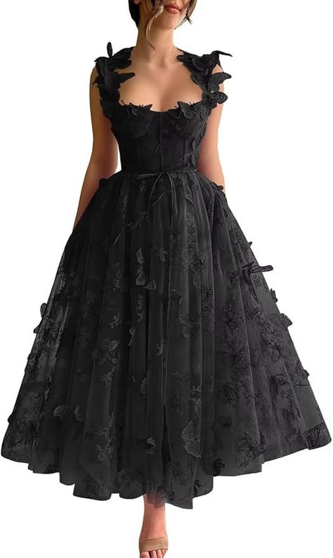 Amazon.com: SUOLUOS Women's Black Tulle Prom Dresses 3D Butterfly Spaghetti Straps Sweetheart Lace Tea Length Formal Evening Party Gowns with Pockets US4: Clothing, Shoes & Jewelry Black Reception Dresses, Prom Dresses Tea Length, Butterfly Prom Dress, Tea Length Prom Dress, Dresses Tea Length, Homecoming Dresses For Teens, Ghost Bride, Black Gowns, Dress Quinceanera